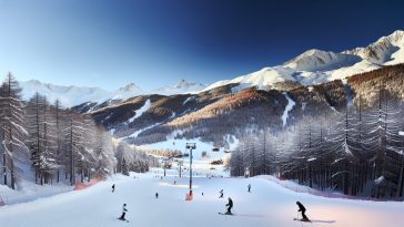 Un paysage enneigé de la station de ski de Méribel avec des skieurs en action.