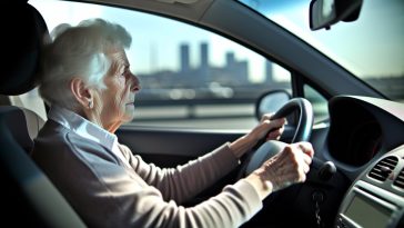 Une personne âgée au volant d'une voiture, concentrée sur la route.