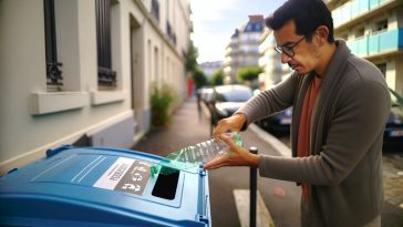 Une personne en train d'aplatir une bouteille en plastique avant de la jeter dans une poubelle de recyclage.