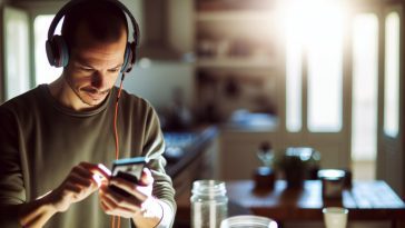 Une personne cherchant une chanson sur son smartphone avec un casque audio sur les oreilles.