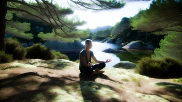 Une personne en posture de méditation dans un environnement naturel paisible.
