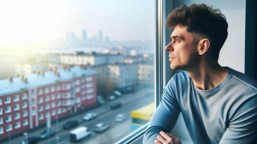 Une personne pensivement regardant au loin par la fenêtre.