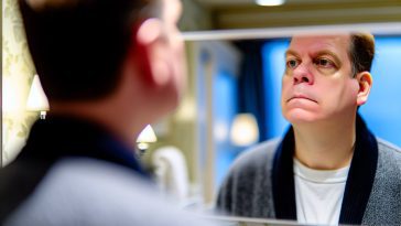 Une personne regardant son reflet dans un miroir avec une expression sérieuse.