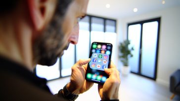Une personne regardant son smartphone avec l'icône de plusieurs applications de réseaux sociaux à l'écran.