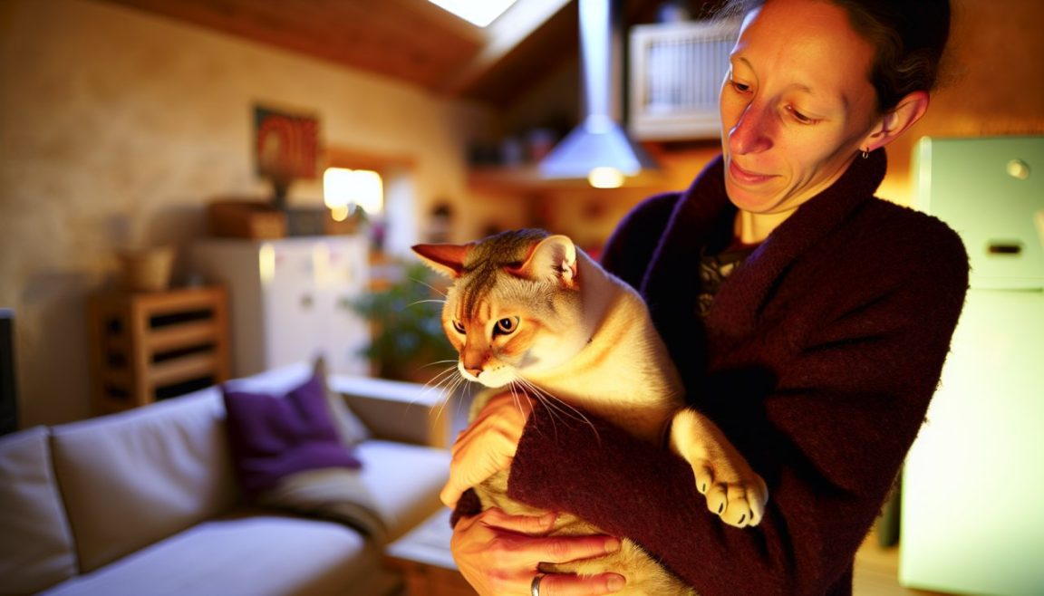 Une personne tenant doucement un chat dans ses bras en le soutenant correctement.