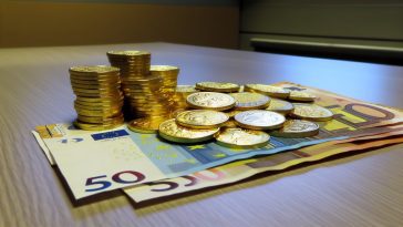 Une pile de pièces d'or brillantes et de billets de banque sur une table.