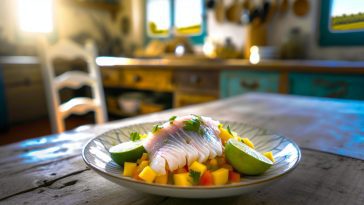 Un plat de ceviche de dorade garni de citron lime et de morceaux de mangue, présenté de manière appétissante.