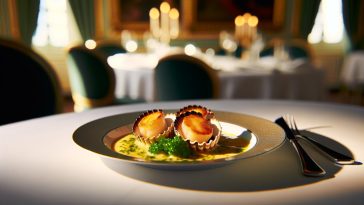 Un plat de Coquilles Saint-Jacques fraîchement préparé et dressé élégamment sur une table de restaurant français.