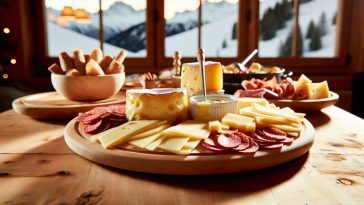 Un plateau de raclette ou de fondue bien garni avec différentes sortes de fromages et de charcuteries.