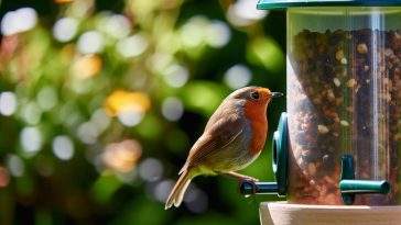 Un Rouge-Gorge posé sur une mangeoire à oiseaux dans un jardin verdoyant.