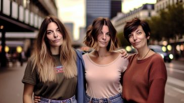 Trois femmes côte à côte, chacune arborant une coupe de cheveux différente : une avec une coupe longue et dégradée, la seconde avec un carré wavy et la troisième avec un pixie cut.