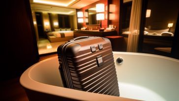 Une valise de taille cabine posée dans une baignoire d'une chambre d'hôtel luxueuse.
