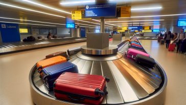 Des valises colorées et reconnaissables sur le tapis roulant de récupération des bagages dans un aéroport.