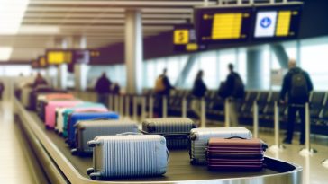 Des valises de différentes tailles et couleurs, certaines positionnées sur un tapis roulant d'aéroport et d'autres à côté d'un comptoir d'enregistrement.