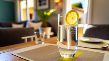 Un verre d'eau pétillante avec une rondelle de citron sur une table, symbolisant une boisson non alcoolisée pour le mois de janvier.