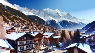 Une vue panoramique de Chamonix avec des montagnes enneigées en arrière-plan et des chalets pittoresques en premier plan.