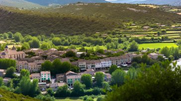 Une vue panoramique de deux charmants villages pittoresques nichés dans le paysage verdoyant du Sud de l'Occitanie.