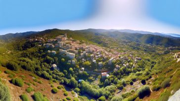 Une vue panoramique de deux villages pittoresques perchés sur les collines de la Corse, entourés par la nature luxuriante.