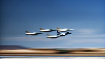 Plusieurs avions de chasse en vol, connus pour leur vitesse, avec un ciel bleu en arrière-plan.