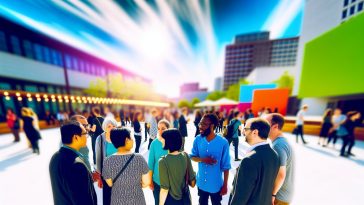 Un groupe de personnes diverses et inclusives discutant ensemble dans un espace public.