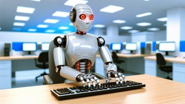 Un robot en train d'effectuer une tâche professionnelle typiquement humaine, comme taper sur un clavier d'ordinateur.