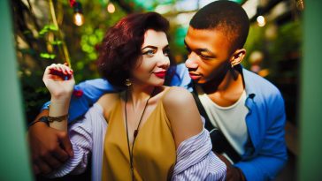 Deux personnes se regardant intensément dans les yeux, rapprochées et sur le point de se toucher, dans une atmosphère romantique.