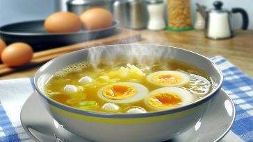Un bol de soupe aux œufs fumante et appétissante sur une table de cuisine.