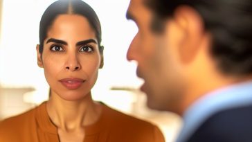 Une femme regardant avec détermination un homme qui semble parler de façon autoritaire.