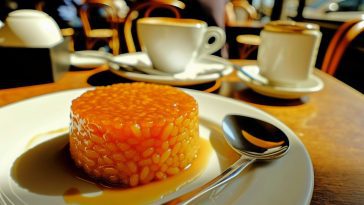 Un gâteau de riz au caramel joliment présenté sur une assiette, avec une cuillère à côté prête à le déguster.