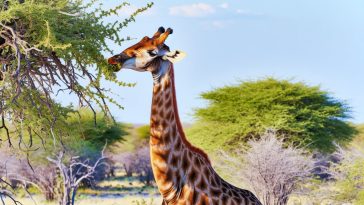 Une girafe adulte avec son long cou étendu, se nourrissant des feuilles d'un arbre haut.