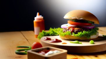 Un hamburger classique sur une planche en bois, avec ses ingrédients démontés : pain, steak, laitue, tomate, oignon et sauce.