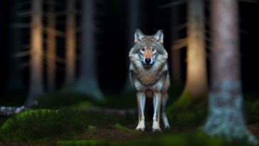 Un loup solitaire, capturé au crépuscule, fixant l'objectif avec des yeux perçants et mystérieux dans une forêt dense et sombre.