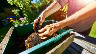 Des mains en train de mélanger du compost dans un bac à compost.
