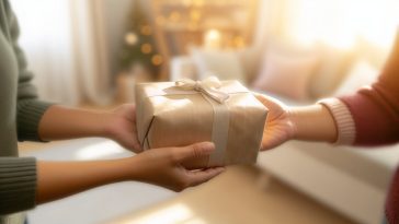Des mains passant un cadeau enveloppé de l'une à l'autre, symbolisant un don.