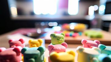 Des oursons en guimauve parfaitement formés et colorés disposés sur une table de cuisine.