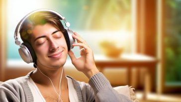 Une personne écoutant de la musique classique avec un casque, les yeux fermés et un sourire apaisé sur le visage.