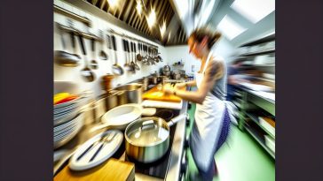 Une personne en tablier, en train de préparer rapidement plusieurs plats dans une cuisine bien organisée.
