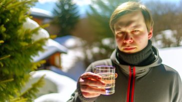 Une personne tenant un verre d'alcool à l'extérieur par temps de neige.