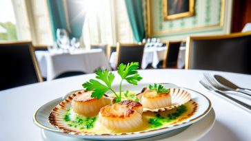 Un plat de Coquilles Saint-Jacques gratinées, garni de persil, sur une table de restaurant élégante.