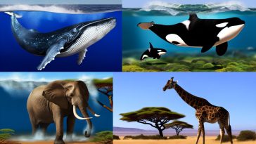 Une baleine bleue dans l'océan, un orque sautant hors de l'eau, un éléphant d'Afrique dans la savane et une girafe avec son long cou étiré vers le ciel.
