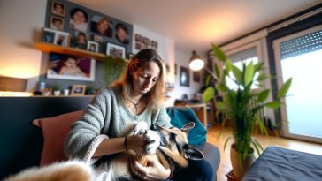 Une personne tenant son animal de compagnie malade dans ses bras tout en regardant un ordinateur, symbolisant la recherche d'informations sur les congés pour soins d'animaux.