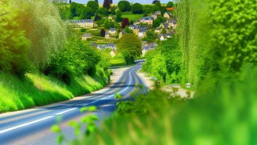 Une route sinueuse entourée de verdure menant à un petit village pittoresque près de Paris.
