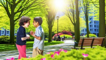 Deux amis de longue date, riant ensemble lors d'une promenade en plein air.