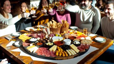 Une table de salon bien garnie avec différents types de tapas, de fromages, de charcuteries et de boissons, dans un cadre convivial avec des amis qui trinquent.