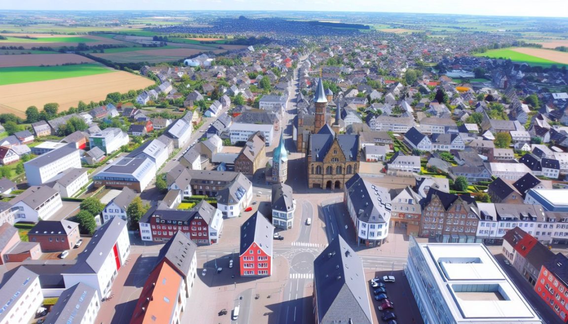 Une vue aérienne de la ville de Xanten en Allemagne, avec ses bâtiments historiques et ses rues sinueuses.