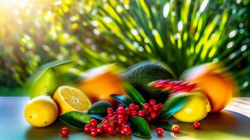 Une variété d'agrumes, d'avocats et de baies rouges disposés artistiquement sur une table en bois.