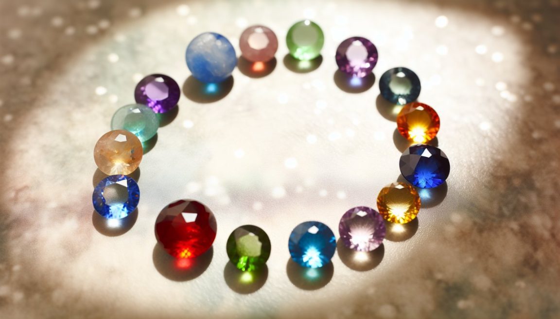 Un assortiment de pierres précieuses colorées disposées en cercle, représentant chaque signe astrologique.