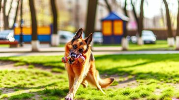 Un berger allemand joyeux jouant avec un jouet dans un parc.