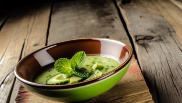 Un bol de soupe froide de concombre et avocat garni de feuilles de menthe, placé sur une table en bois rustique.