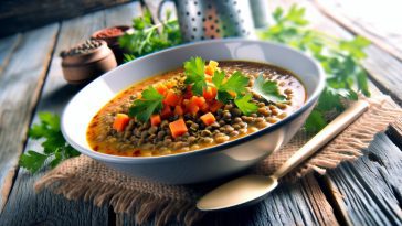 Un bol de soupe de lentilles aux carottes et au cumin, garni de persil frais, sur une table rustique avec une cuillère à côté.